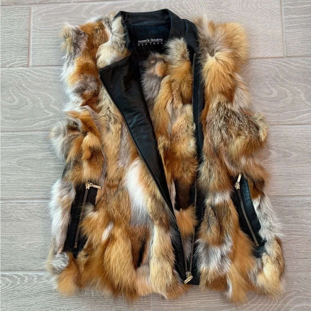 ANDRE'S GHUSTO Genuine Fox Fur Vest Leather Contrast Statement Piece OFAK Large